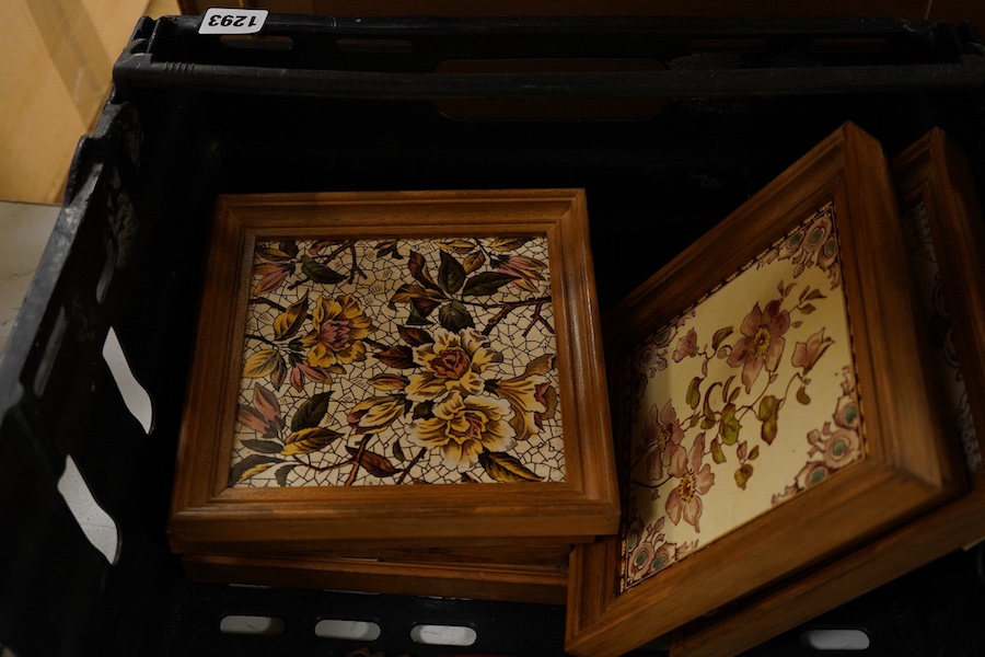A collection of various tiles to include Minton style and a framed Chinese circular plaque